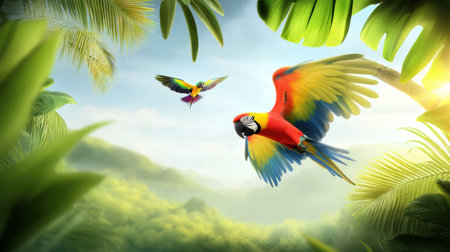 A vibrant tropical rainforest with colorful exotic birds flying among the treetopsの素材