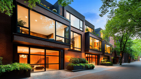 An urban townhouse with brick facades and large windows, located on a tree-lined streetの素材