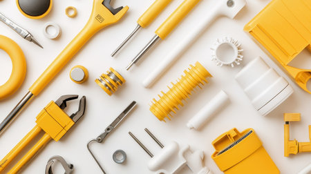 A flat lay of plumbing tools and drainage components on a workbench.の素材