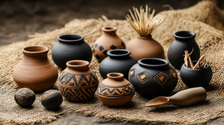 A collection of traditional clay pottery with symbolic patterns arranged on a rustic surfaceの素材