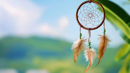 A close-up of a hand-crafted dreamcatcher hanging against a backdrop of natural sceneryの素材
