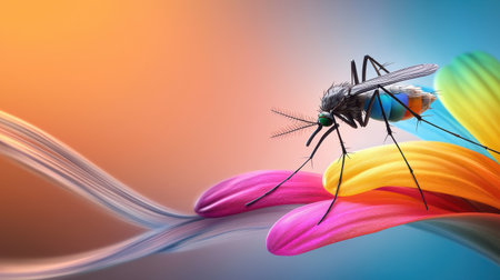 A detailed macro view of a mosquito landing on a flower petal, with vibrant colors aroundの素材