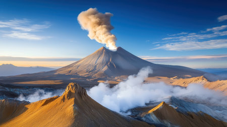 A dramatic volcanic mountain with steam rising from its summit, surrounded by rugged terrainの素材