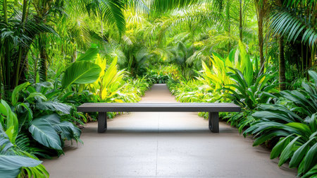 A long bench in a botanical garden surrounded by vibrant tropical plantsの素材