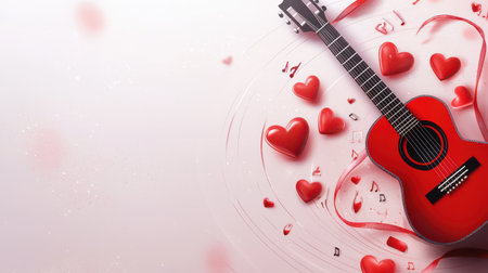 A Valentines Day music event flyer with a guitar illustration and romantic song titles in the background.の素材