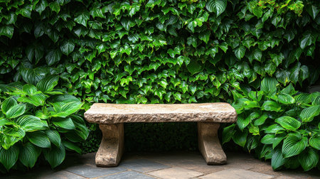 A weathered stone bench surrounded by ivy in a historic European gardenの素材