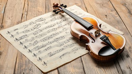 A vintage violin resting on aged sheet music with handwritten notes and a warm wooden tone.の素材