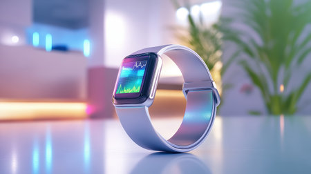 Highlight wearable tech like fitness trackers, smart glasses, and health monitoring devices in action.の素材