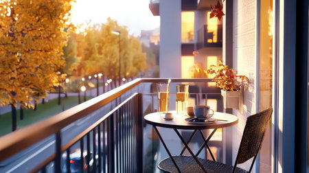 Balcony of a suburban apartment overlooking a quiet street, furnished with a small table and chairsの素材