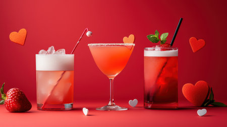 A flyer for a Valentines Day themed cocktail night, with drink illustrations and a vibrant red background.の素材