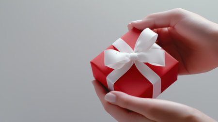 A close-up of hands exchanging a small gift box wrapped in red paper and decorated with a white bow.の素材