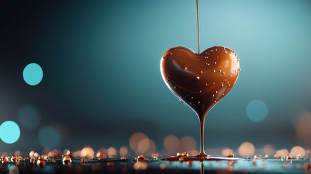Artistic close-up of liquid chocolate drizzling over a heart-shaped truffle.の素材