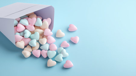 Pastel-colored candy hearts spilling out of an open envelope.の素材