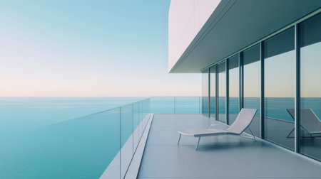 High-rise Chicago apartment balcony overlooking Lake Michigan, with minimalist outdoor furnitureの素材
