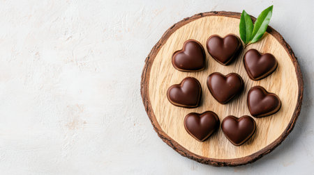 Heart-shaped chocolate truffles arranged on a rustic wooden platter.の素材