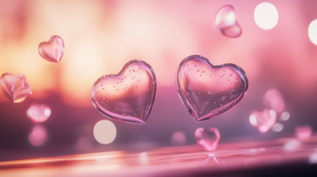 Romantic bokeh effect with floating transparent hearts on a radiant pink background.の素材