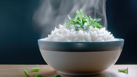 A close-up shot of a bowl of steaming white rice with a garnish of herbs, placed on a wooden table.の素材