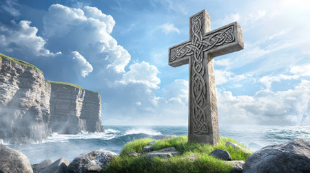 A Celtic cross carved from weathered stone, standing amidst windswept cliffs and a stormy sea in the background, rich in heritage and dramaの素材