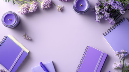 A flat lay of purple objects like flowers, notebooks, and candles on a soft mauve surface.の素材