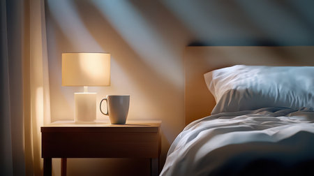 A dimly lit bedroom with an unmade bed, an empty coffee cup on the nightstand, and soft shadows creating a sense of stillnessの素材