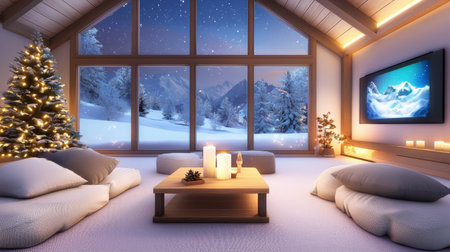 Cozy living room with oversized cushions, natural wood accents, and soft lighting.の素材