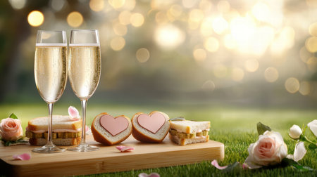 A romantic picnic with champagne, heart-shaped sandwiches, and a bouquet of roses.の素材