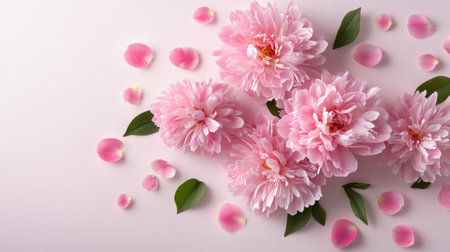 A Valentines floral background featuring pink peonies and scattered petals.の素材