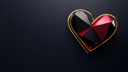 Minimalistic geometric heart design in red and gold on a dark matte background.の素材
