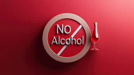A bold "No Alcohol" sign on a red background with a crossed-out bottle and glass iconの素材