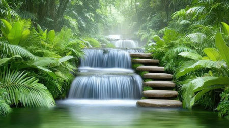 A cascading waterfall surrounded by lush greenery, creating a tranquil natural oasisの素材