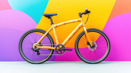 Modern eco-friendly bamboo bicycle leaning against a vibrant city muralの素材