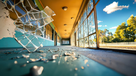 A forgotten railway station with peeling paint and shattered glassの素材