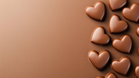 Heart-shaped chocolates scattered on a textured cocoa background.の素材