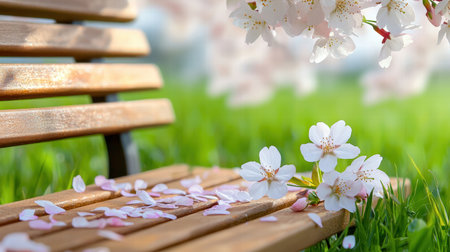 A tranquil spring garden with cherry blossoms in full bloom, delicate petals scattered on a wooden bench.の素材
