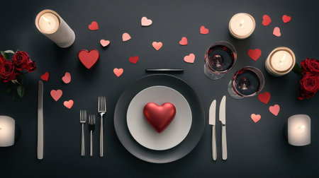 A Valentines dinner table with wine, heart-shaped place settings, and rose petals.の素材