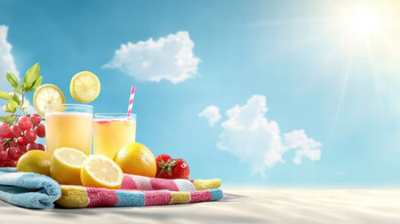 A vibrant summer day with a picnic setup featuring fresh fruits, lemonade, and colorful beach towels under a sunny sky.の素材