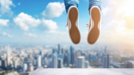 A person jumping in the air with joy, celebrating a moment of achievement and happiness outdoors.の素材