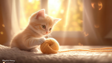 Playful Feline Frenzy Imagine a cozy living room where a cute, fluffy kitten is playfully pouncing on a yarn ball.の素材