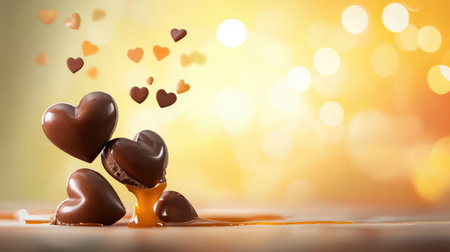 Artistic composition of broken chocolate hearts with caramel drizzling out.の素材