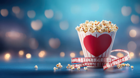 A flyer design for a romantic movie night with a heart-shaped popcorn bucket and film reel graphics.の素材