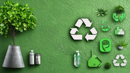 A collage of recycling symbols and eco-friendly icons on a textured green background.の素材