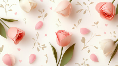 A floral Valentine's Day background with roses, tulips, and delicate green leaves.の素材