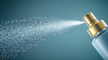 Close-up of a mist spray from a perfume bottle, creating an artistic view of tiny droplets frozen mid-air.の素材