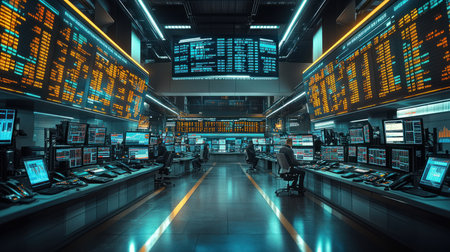 A bustling stock market trading floor with traders in action, multiple screens displaying stock pricesの素材