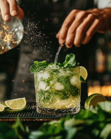A bartender mixing a classic mojito with fresh mint and limeの素材