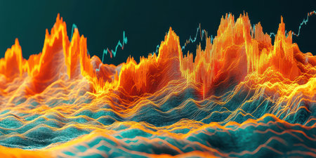 3D render, futuristic stock market scene with data visualized as flowing energy currentsの素材