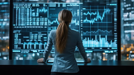 A businesswoman analyzing stock market data on a large interactive screenの素材