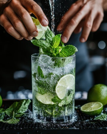 A bartender mixing a classic mojito with fresh mint and limeの素材