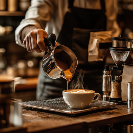 A barista pouring a perfect espresso shot in a cozy coffee shopの素材