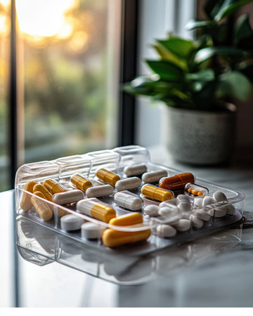 A close-up of a pill organizer filled with daily medication for a seniorの素材